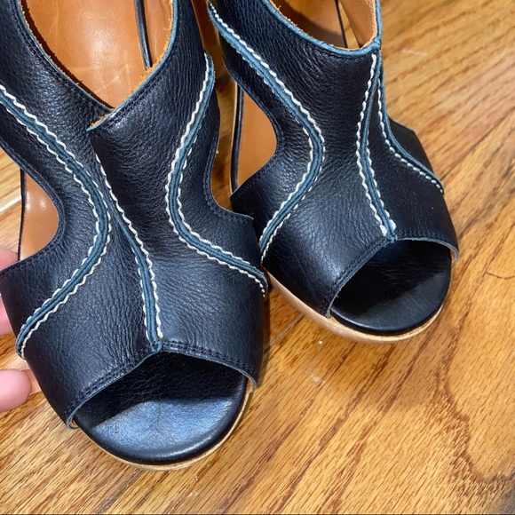 LANVIN PARIS BLACK LEATHER WOOD PLATFORM HEELED SANDALS SIZE 7 - Picture 2 of 11